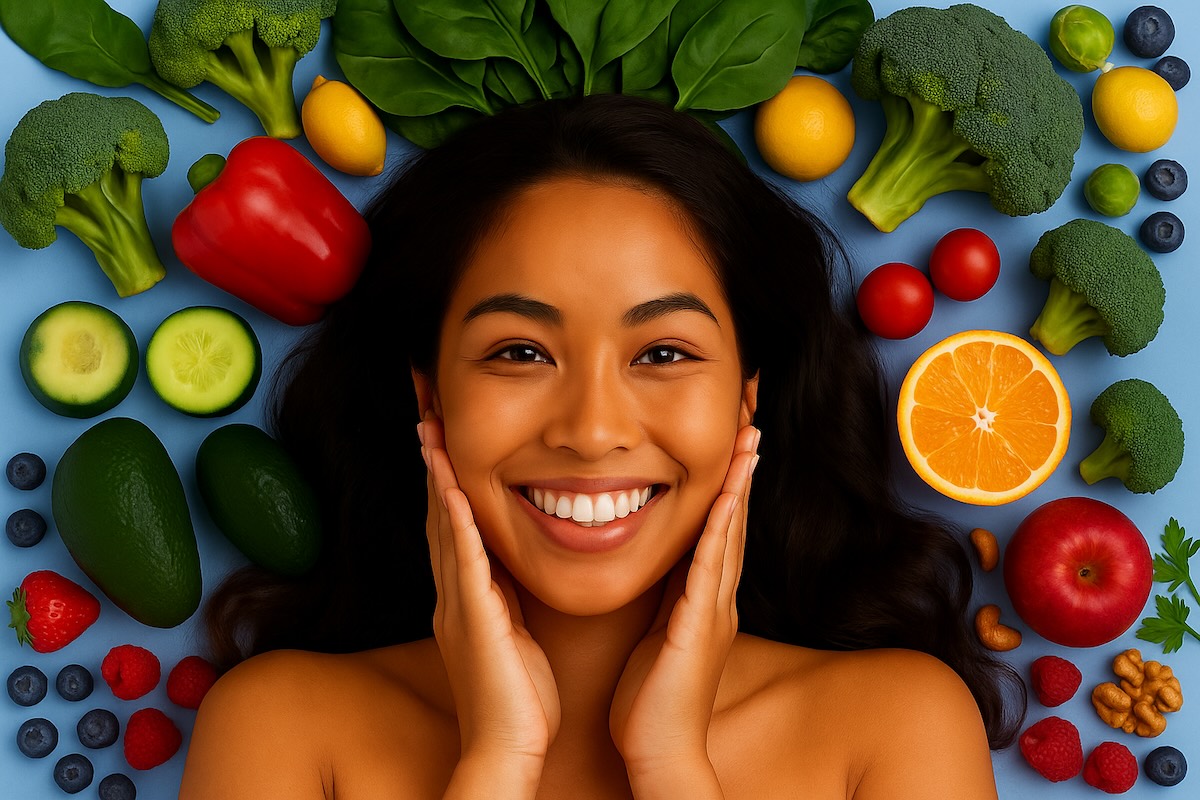 Woman surrounded by fruits and vegetables